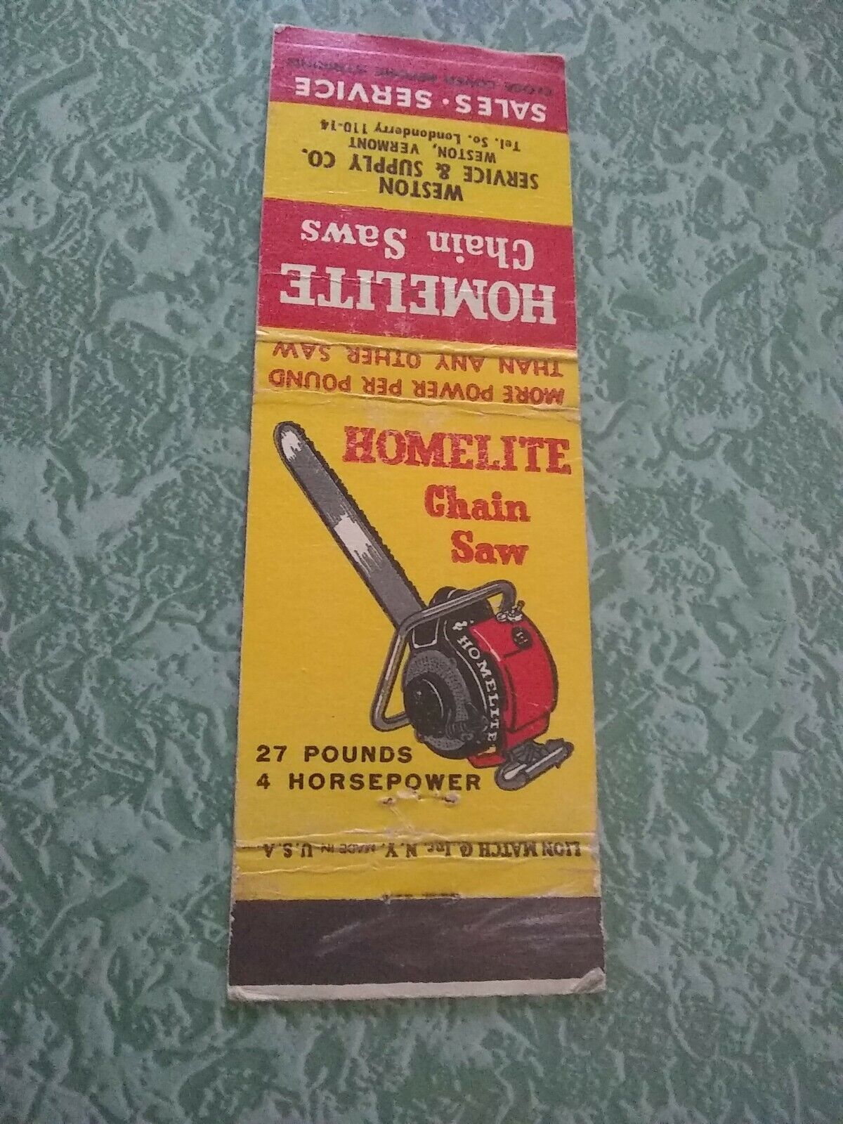Vintage Matchbook Cover D1 Collectible Ephemera Weston Vermont homelite chainsaw