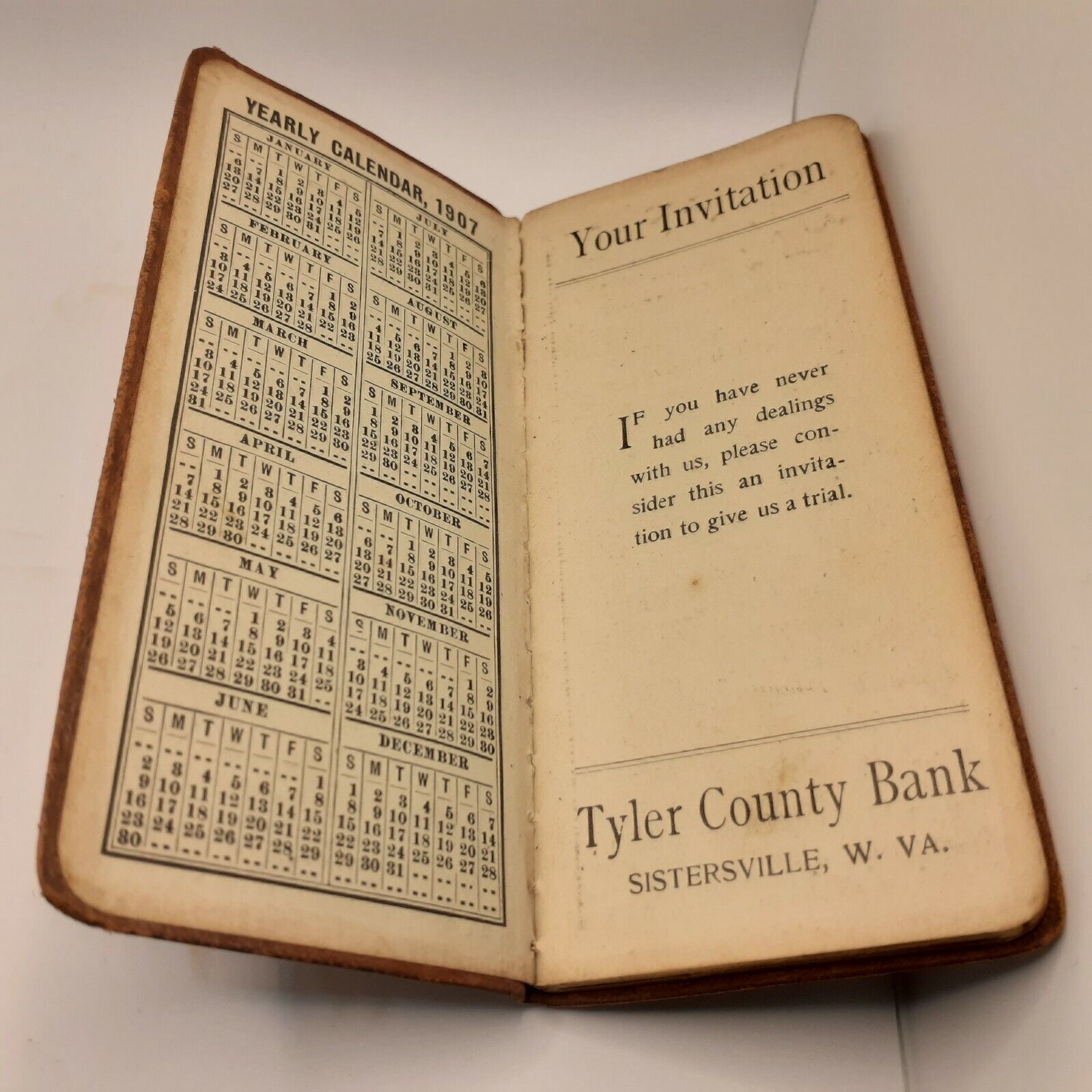 1907 Tyler County Bank Daily Calendar, Sisterville, West Virginia
