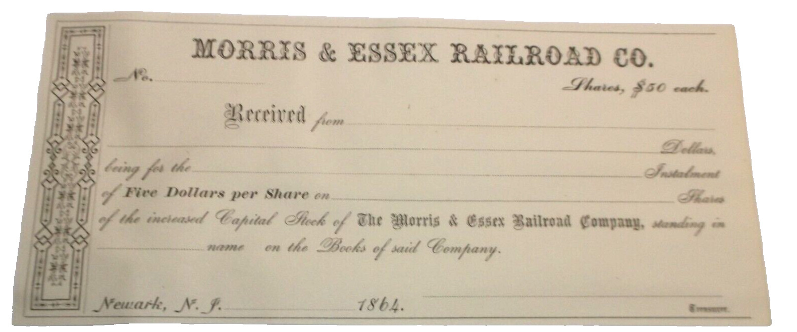 1864 MORRIS & ESSEX RAILROAD DELAWARE LACKAWANNA & WESTERN DL&W STOCK TRANSFER