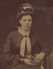 Old Antique Tintype Photo Pretty Young Victorian Lady Teen Girl w/ Feather Hat picture