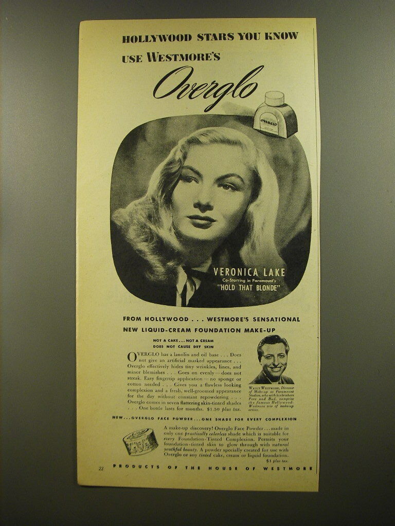 1945 Westmore Overglo Liquid-Cream Foundation Make-up Ad - Veronica Lake
