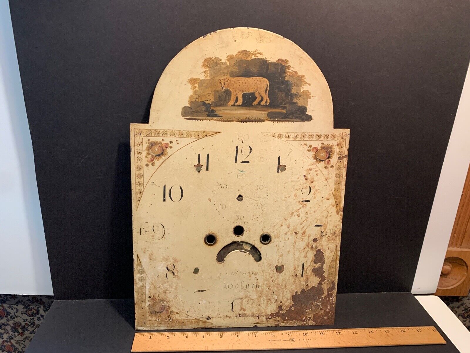 Antique Handpainted Grandfather Clock Face, LEOPARD Woburn MA, Woburn England