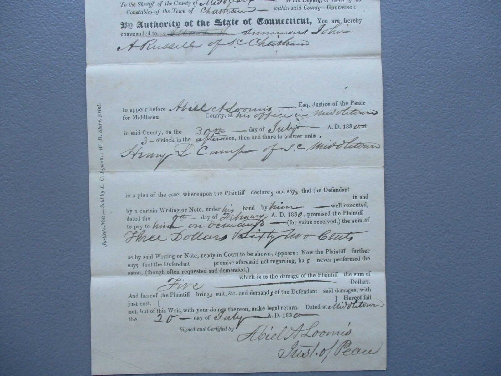 1830 Middletown,Conn,Loomis,Camp,Russell Sheriff Linus Coe signed document
