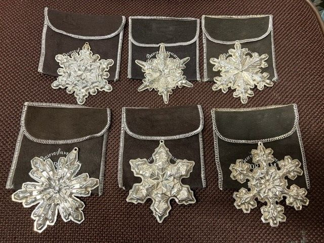 6 Gorham sterling silver snowflake ornaments with pouches