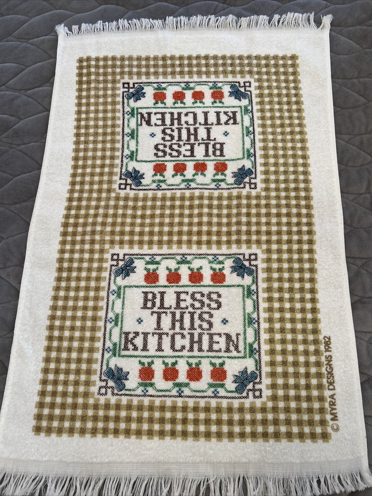 VTG 1982 Myra Designs Terry Kitchen Towel “BLESS THIS KITCHEN”~Tan Checks~USA