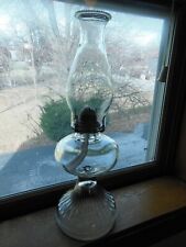 VTG CLEAR RIB GLASS OIL KEROSENE LAMP QUEEN ANNE BURNER & PEARL TOP CHIMNEY #C3 picture