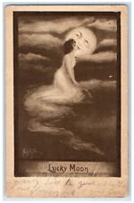 1909 Pretty Woman Kissing Lucky Moon Anthropomorphic Bridgewater MA Postcard picture
