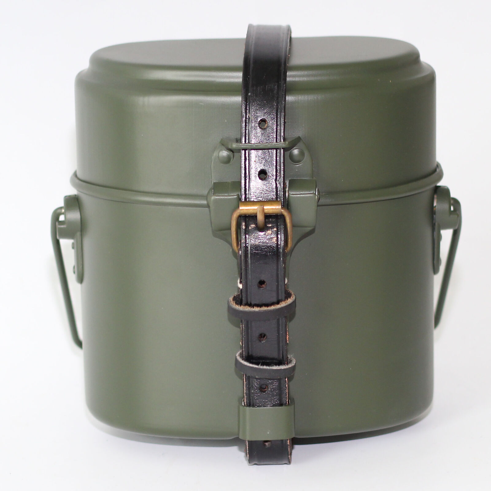 Post War West German Mess Kit Tin and Leather Strap Green