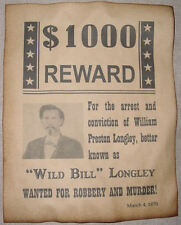 William Wild Bill Longley Wanted Poster, Western, Outlaw, Old West picture