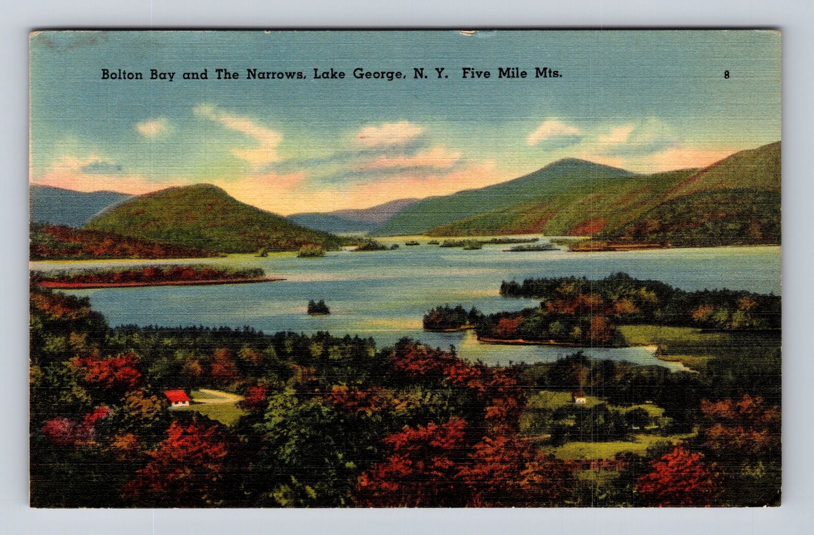 Lake George NY-New York, Scenic Bolton Bay, The Narrows, Vintage c1941 Postcard