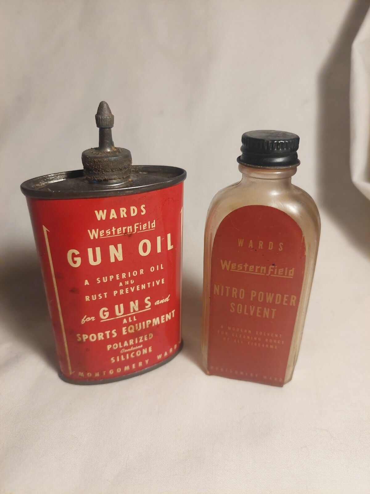 Vintage Montgomery Wards Western Field  Lead Top Gun Oil Can & Solvent Bottle