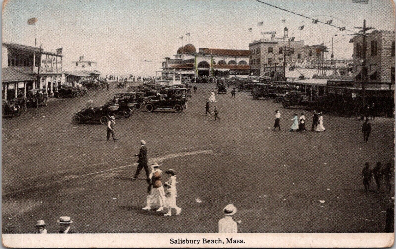 1900s Salisbury Beach Massachusetts MA Postcard Amusement Park Busy Street Scene