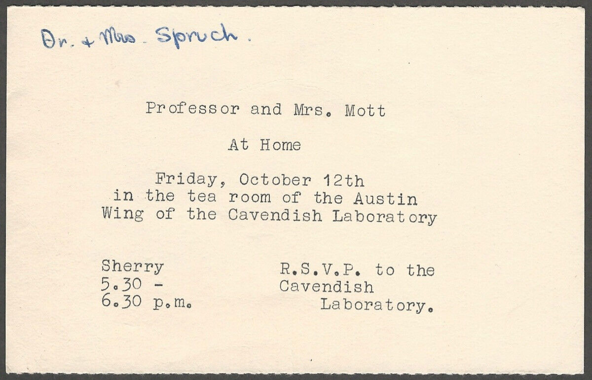 Physics Cavendish Laboratory Sir Nevill Francis Mott 1956 Party Invitation