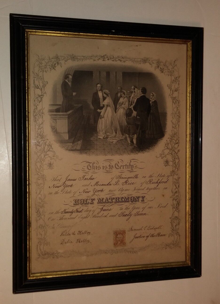 7030----1867 James Tarbox - Mianda Rice marriage certificate - Concord NY 