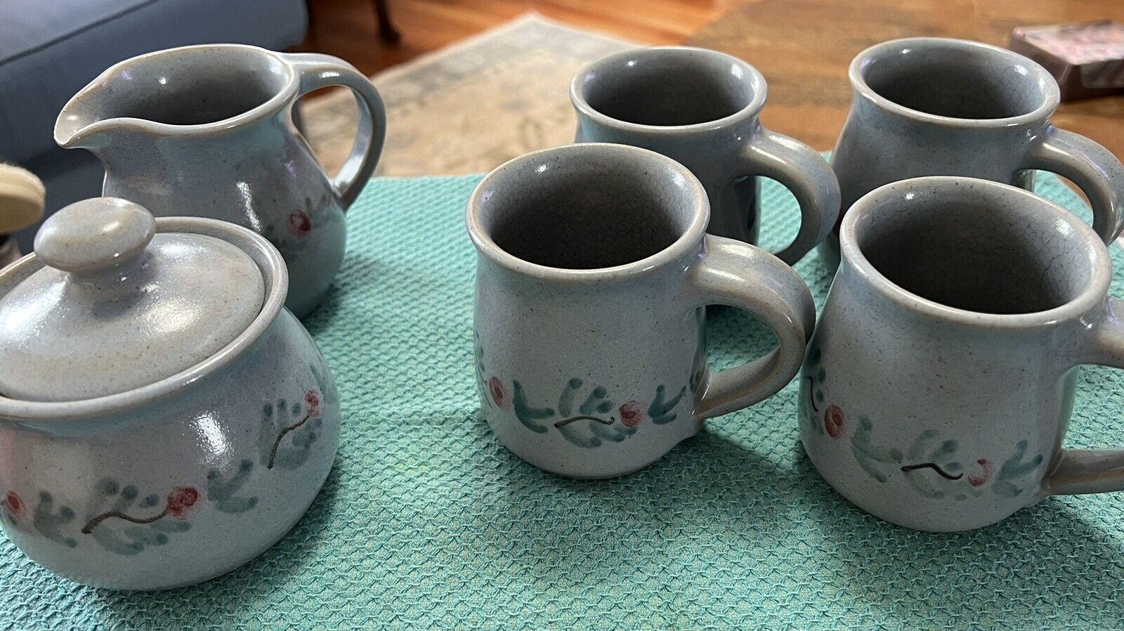 Berkshire Pottery Hand Painted Mugs (4) Plus Cream & Sugar