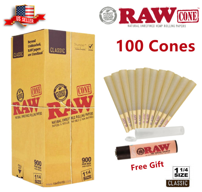 Authentic RAW Classic 1 1/4 Size Pre-Rolled Cones 100 Pack & Clipper Lighter 