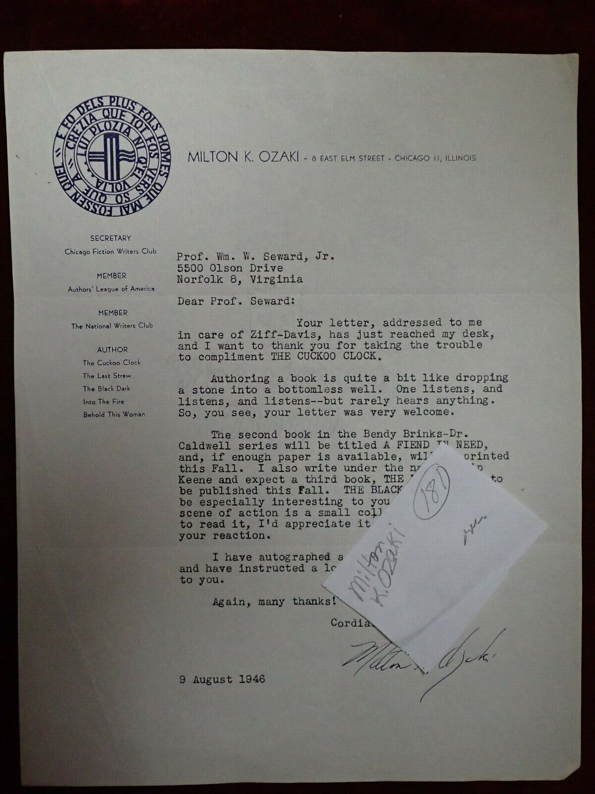 MILTON K. OZAKI Typed Signed Letter Dated Aug.9,1946 On Personal Letterhead