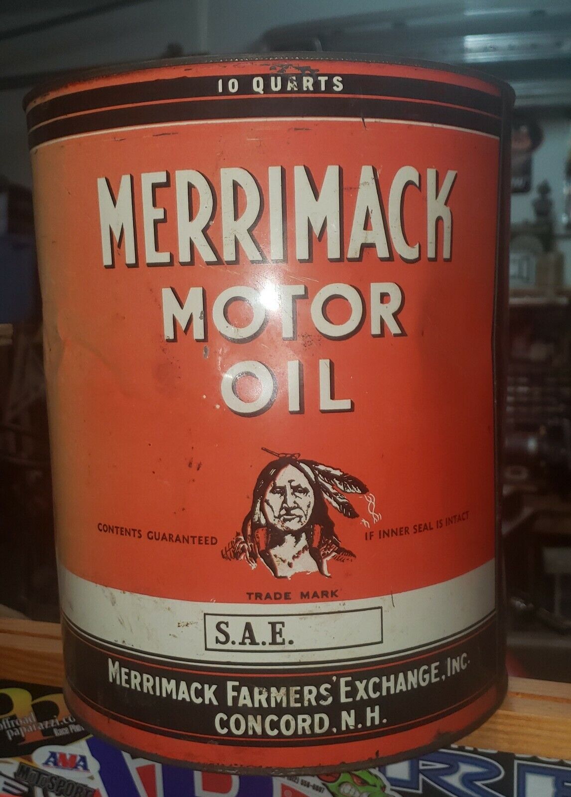 Vintage Metal Merrimack Motor Oil 10qt Can W/ Indian Graphic 