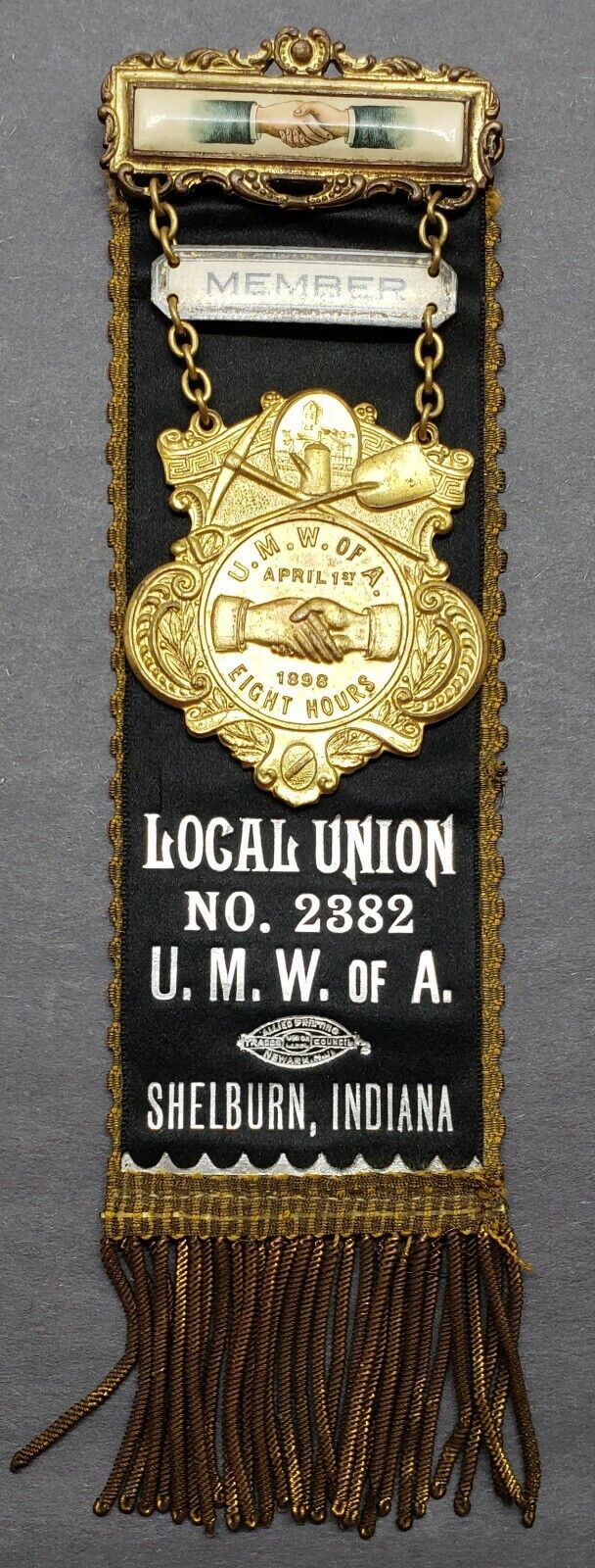 UNION NO. 2382 MINERS U.M.W. OF A. SHELBURN INDIANA RIBBON 1898