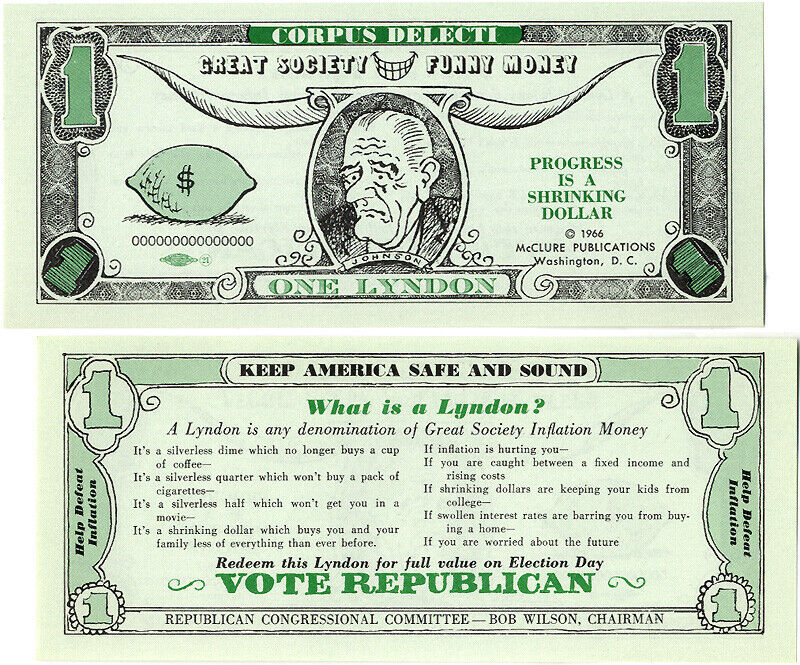 1966 Anti Lyndon Johnson GREAT SOCIETY FUNNY MONEY Satirical Currency (5096)