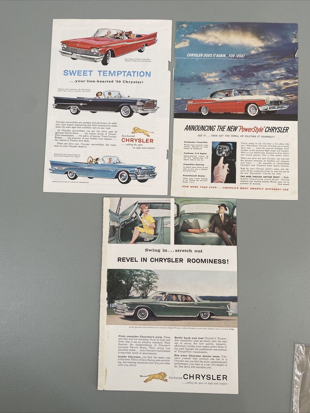 Chrysler  Car Sales Advertisements Windsor Convertable Lot of 3 Power Style