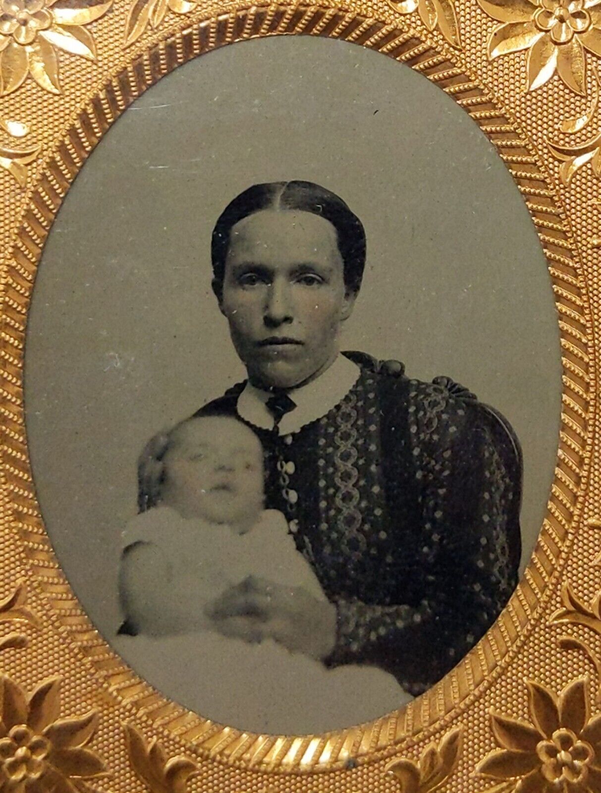 POSTMORTEM TINTYPE OF MOTHER AND BABY IN ORIGINAL GOLD FRAME -WATERVILLE, MAINE