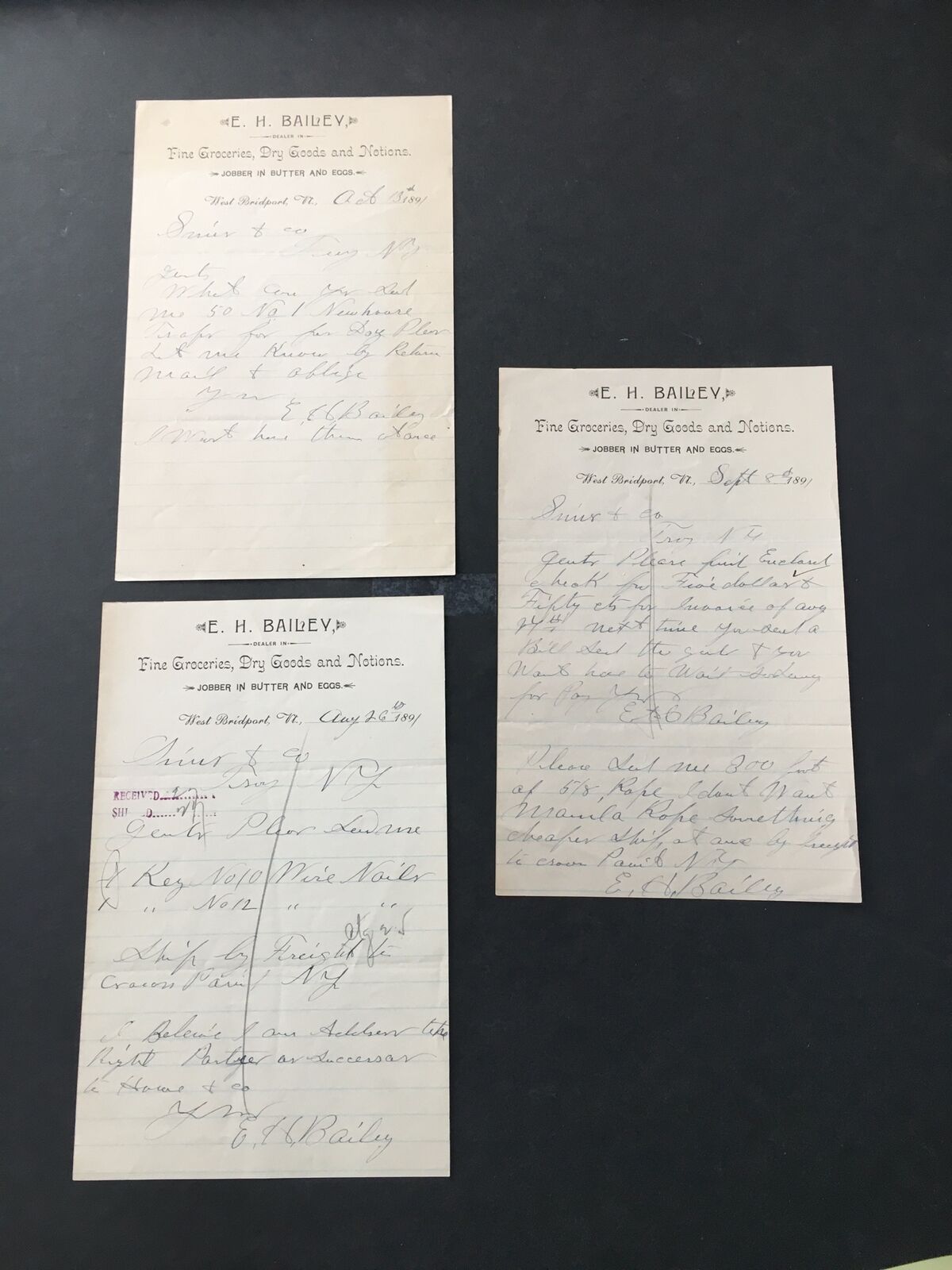 1891 - E. H. BAILEY West Bridport Vermont - Grocer LETTERS To Swig & Co Hardware