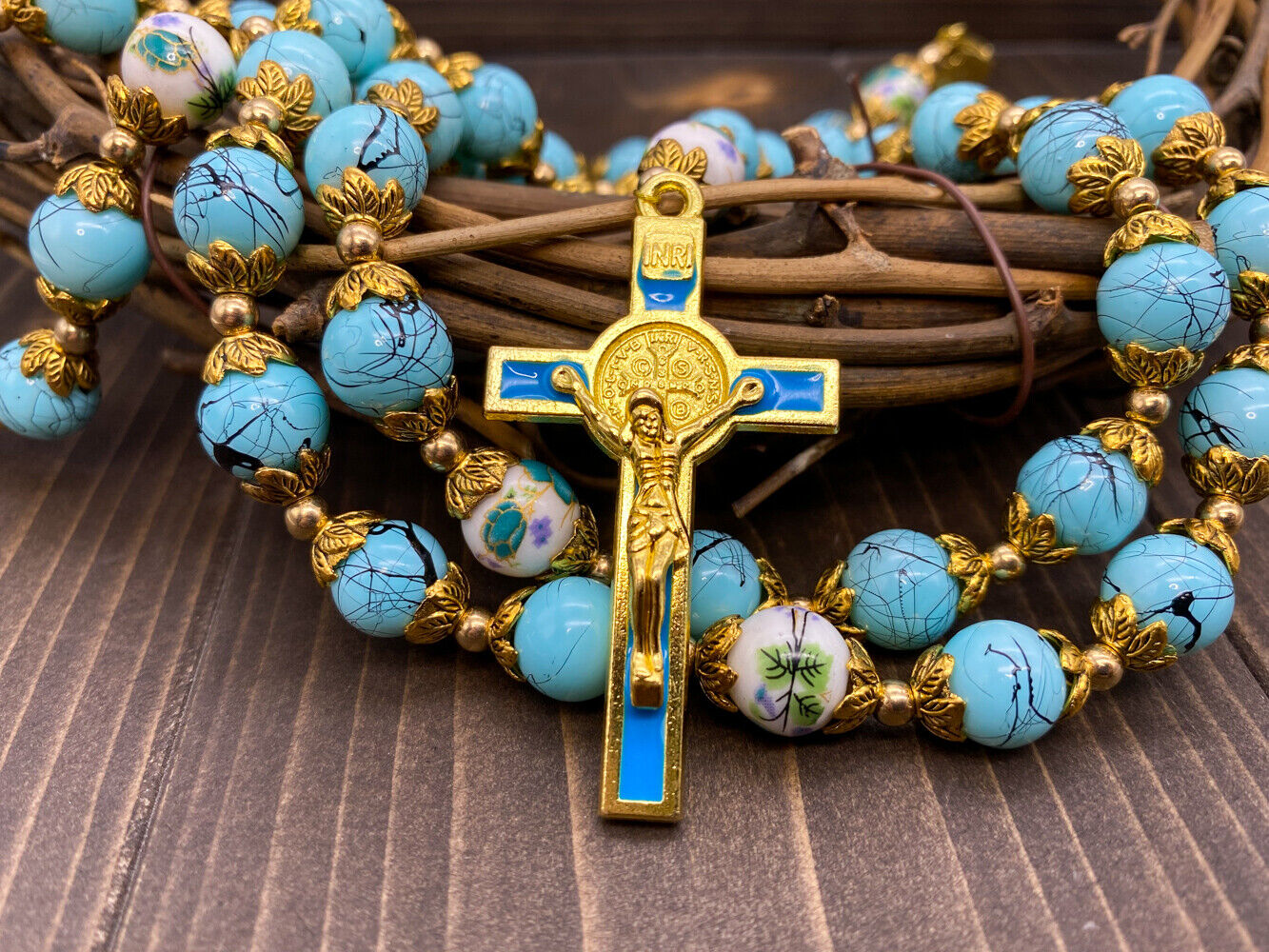 Saint St Benedict Turquoise Rosary Beads Catholic Necklace Flowers Mystery Beads