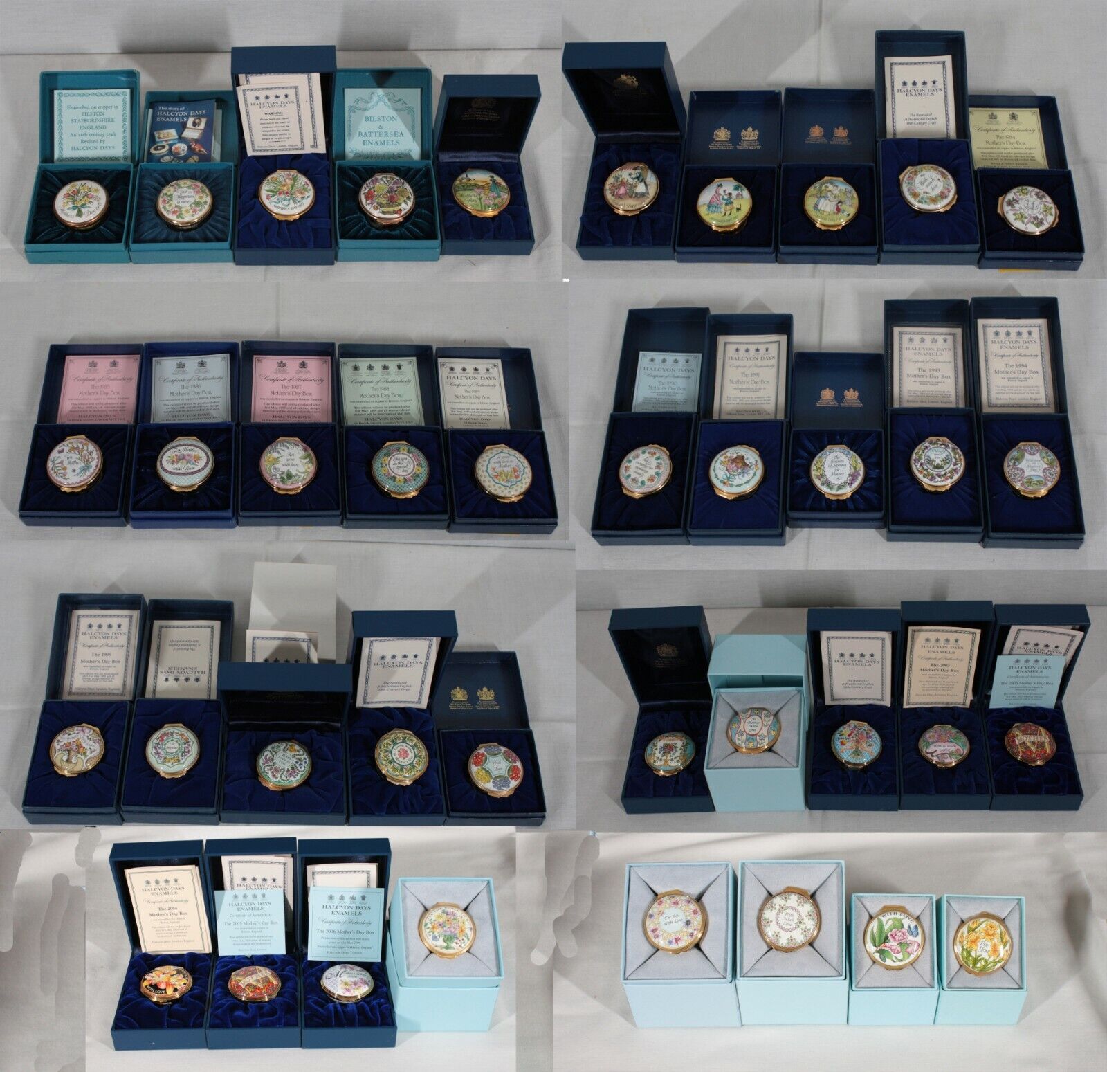 COLLECTION OF 37 HALCYON DAYS MOTHERS DAY ANNUAL ENAMEL BOXES\