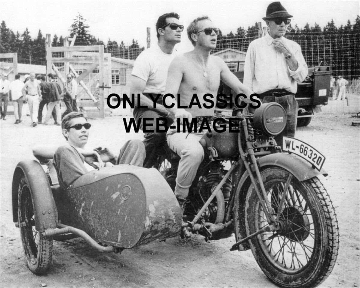STEVE MCQUEEN JAMES GARNER COBURN MOTORCYCLE SIDECAR THE GREAT ESCAPE 8X10 PHOTO
