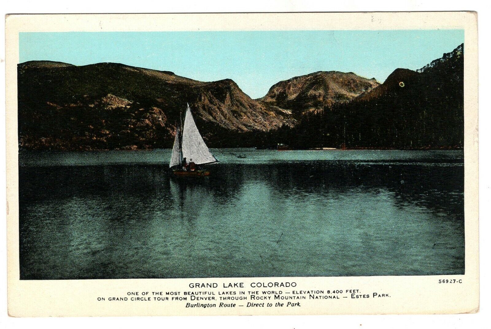Postcard CO  Burlington Route Railroad Grand Lake  Sailboat On Lake Vintage