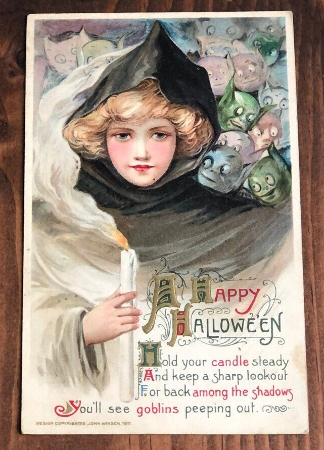Halloween Postcard John Winsch Samuel Schmucker 1900s Girl Ghouls and Goblins