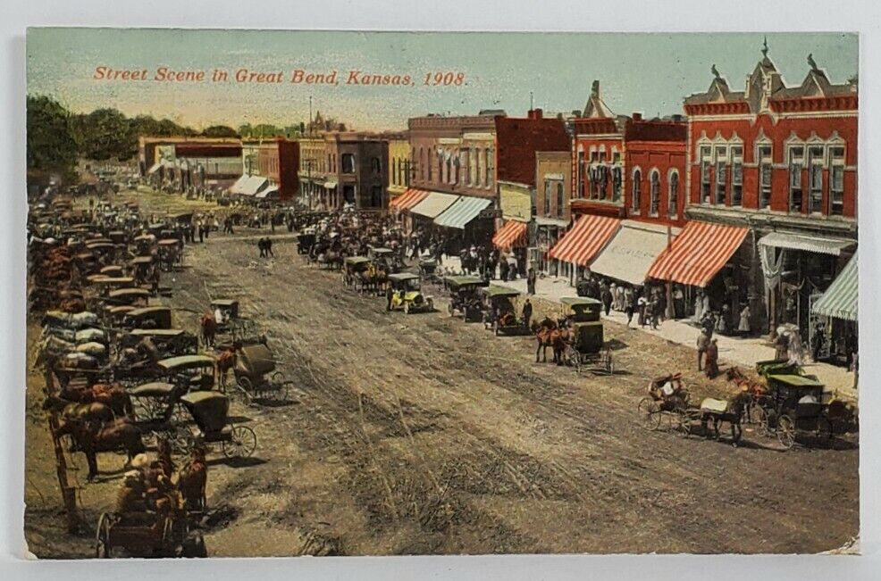 Kansas Street Scene in Great Bend 1911 to Marshfield Oregon Postcard S4