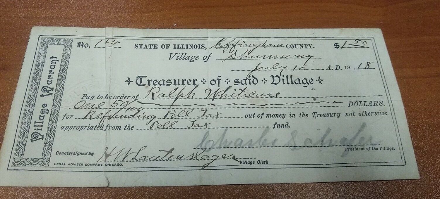 1918 Village Of Shumway, Illinois Signed Poll Tax Document