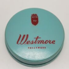 VTG 50s Westmore Hollywood Red Dry Rouge Powder Makeup Turquoise Compact W/ Puff picture