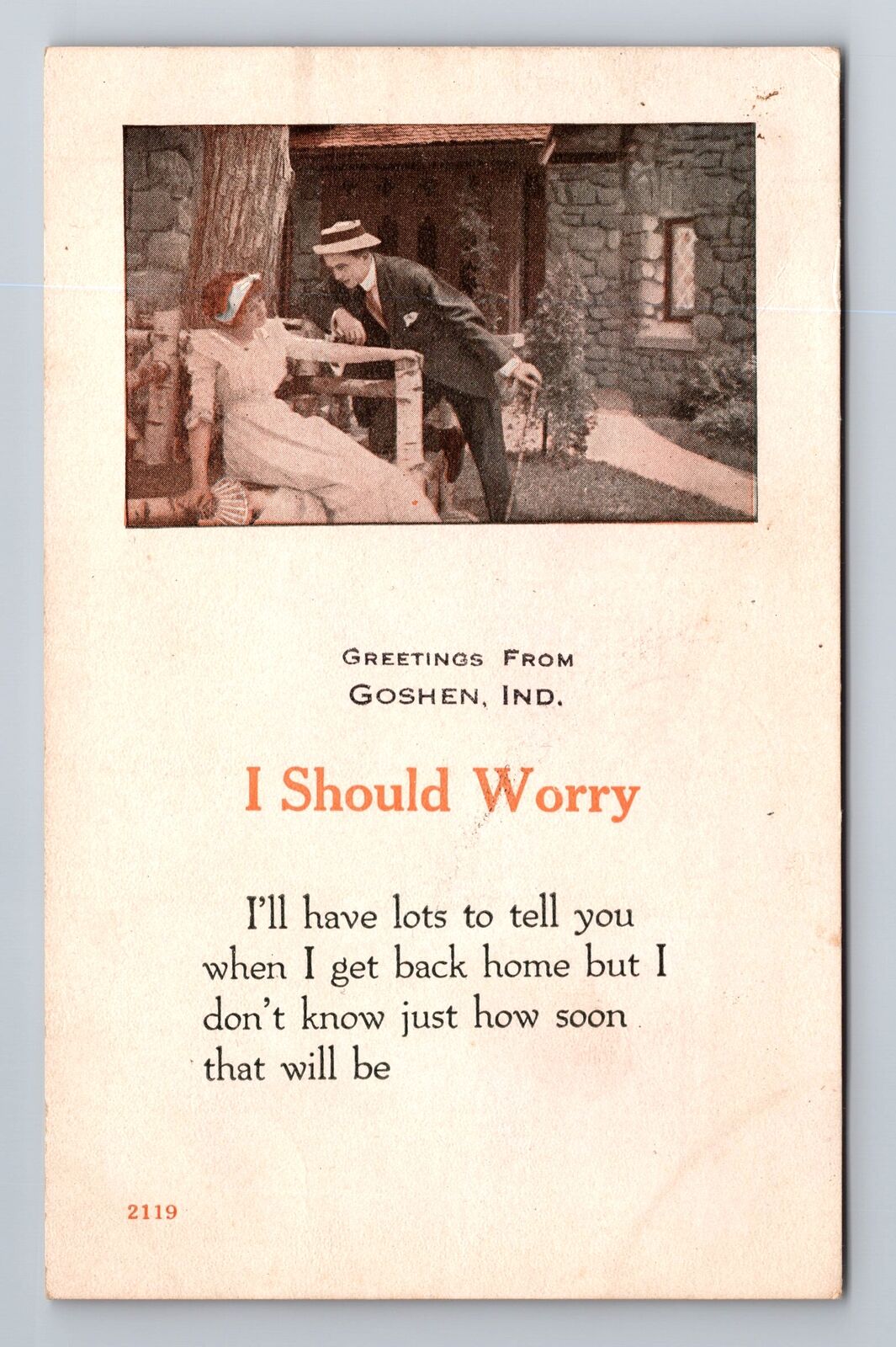 Goshen IN-Indiana, Greetings, Lady & Gent, Vintage c1918 Souvenir Postcard
