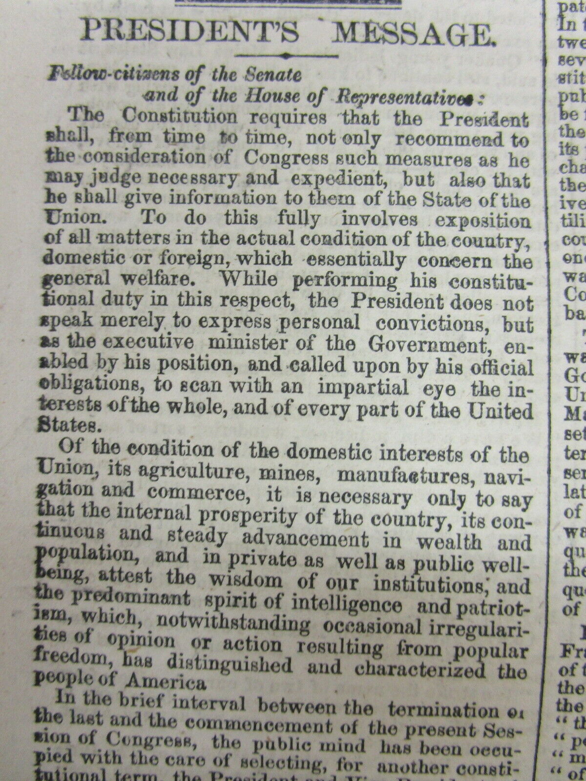 <1856 newspaper PRESIDENT FRANKLIN PIERCE State ofthe Union Speech on SLAVERY