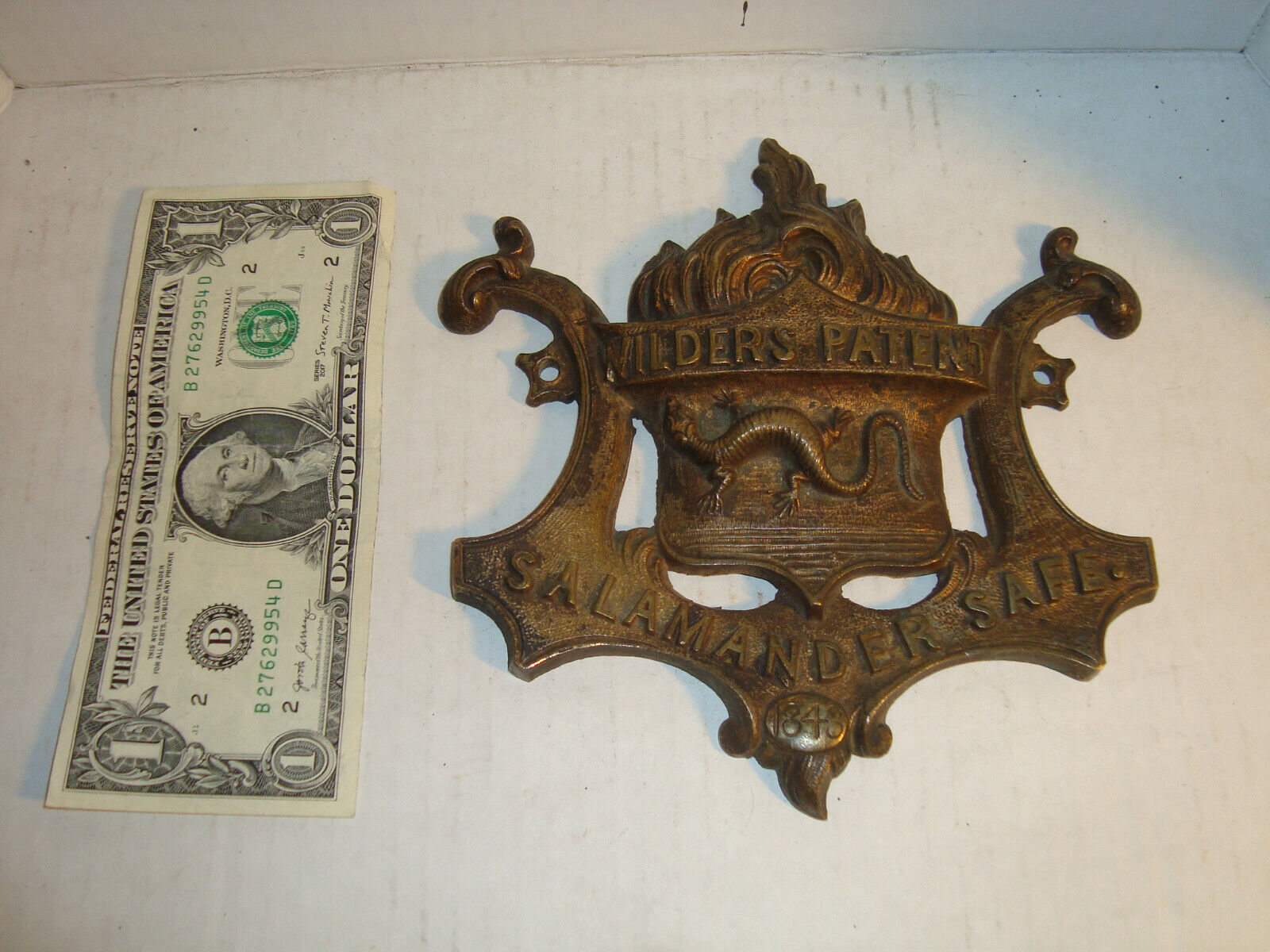 Early Antique Salamander Safe Bronze Plaque Wilders Patent 1843