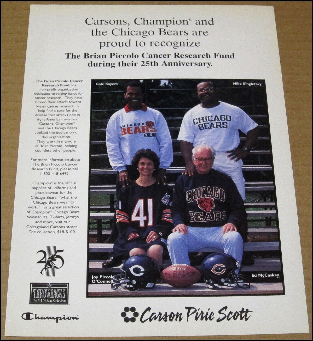 1995 Gale Sayers Mike Singletary Brian Piccolo Cancer Research Print Ad Advert