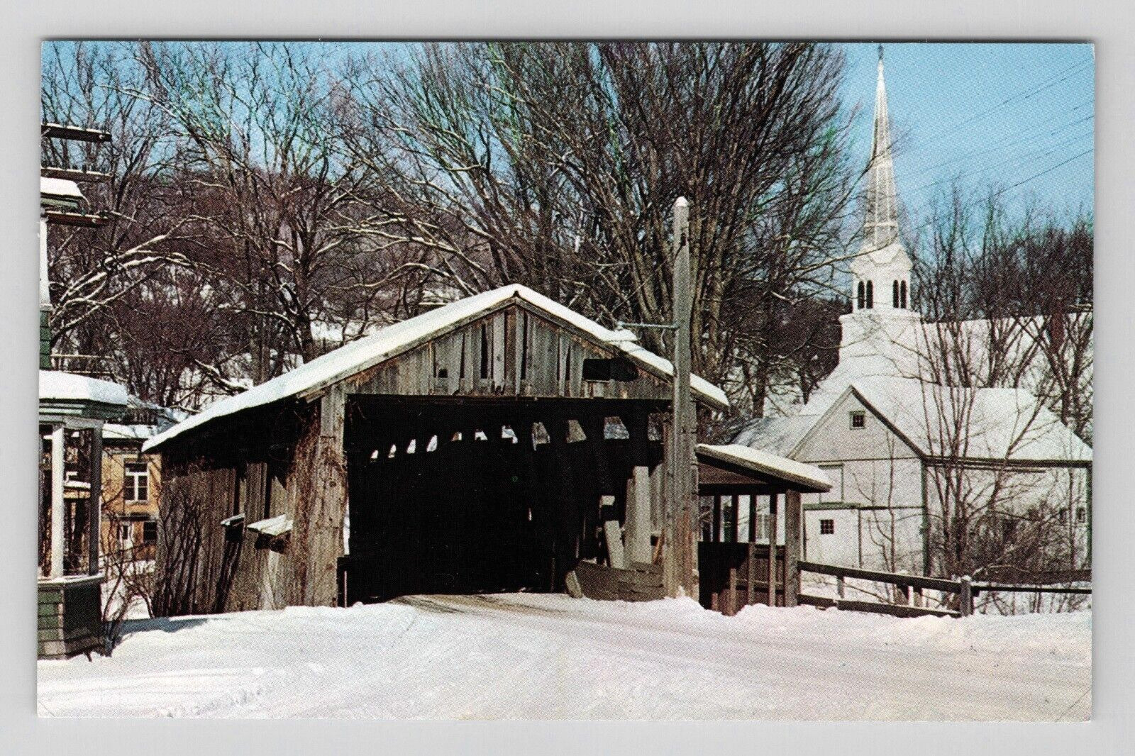 Postcard Waitsfield Vermont Covered Bridge Church Winter Snow Country Road VT