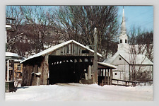 Postcard Waitsfield Vermont Covered Bridge Church Winter Snow Country Road VT picture