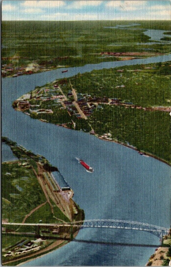 St. Clair River Blue Water Bridge Port Huron Michigan Ariel View Teich Postcard 
