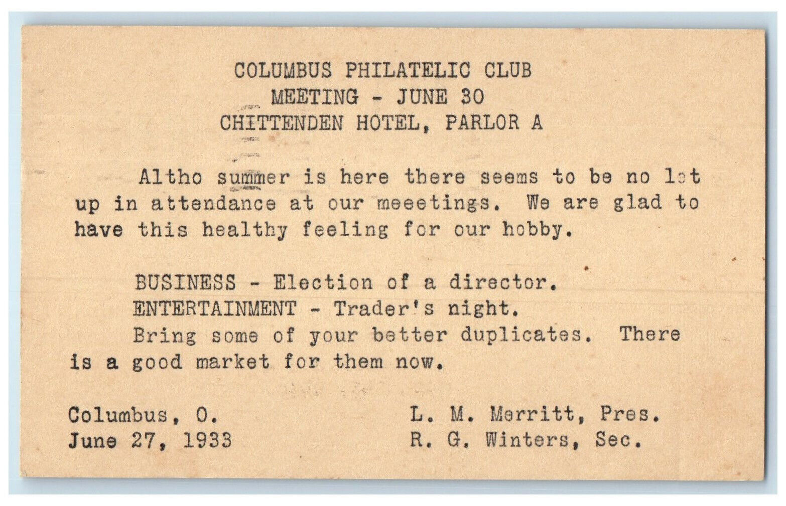 1933 Columbus Philatelic Club Meeting Chittenden Hotel Ohio OH Postal Card