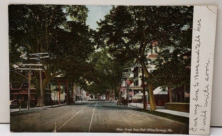 Norway Maine, Main Street from Post Office 1909 to Topsham ME Postcard F3