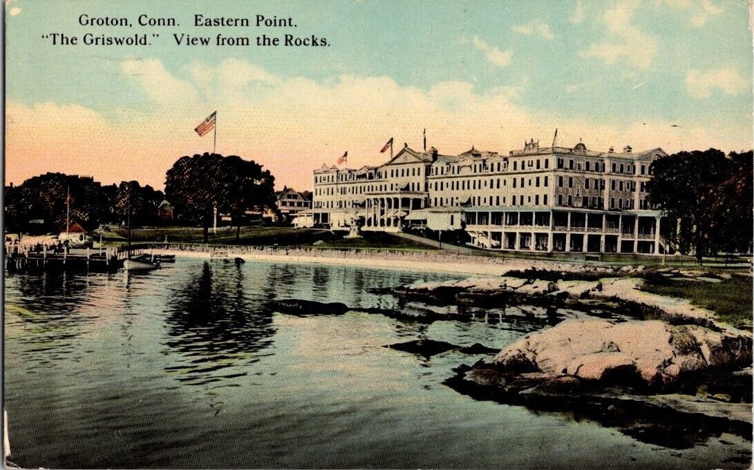 1912 Groton CT Eastern Point The Griswold Hotel View from the Rocks Postcard