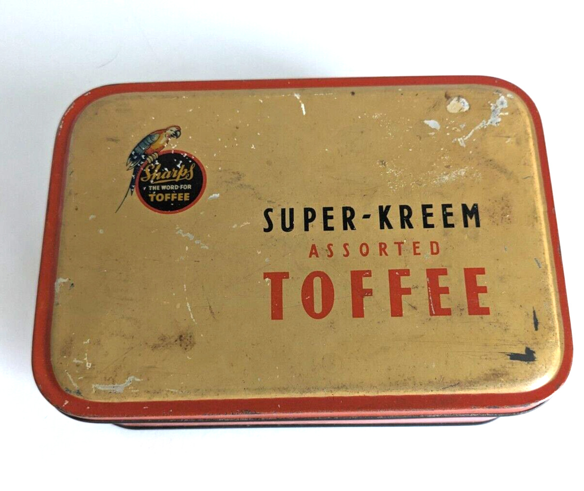 Vintage 1930's Sharps Tin Maidstone UK Box Super-Kreem Toffee Parrot Logo AA9D