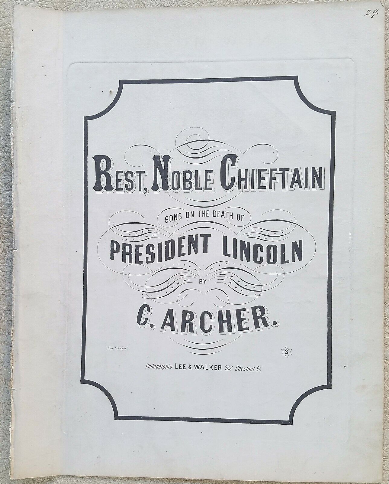 LINCOLN - SHEET MUSIC- 1865 - MOURNING -  REST NOBLE CHIEFTAIN