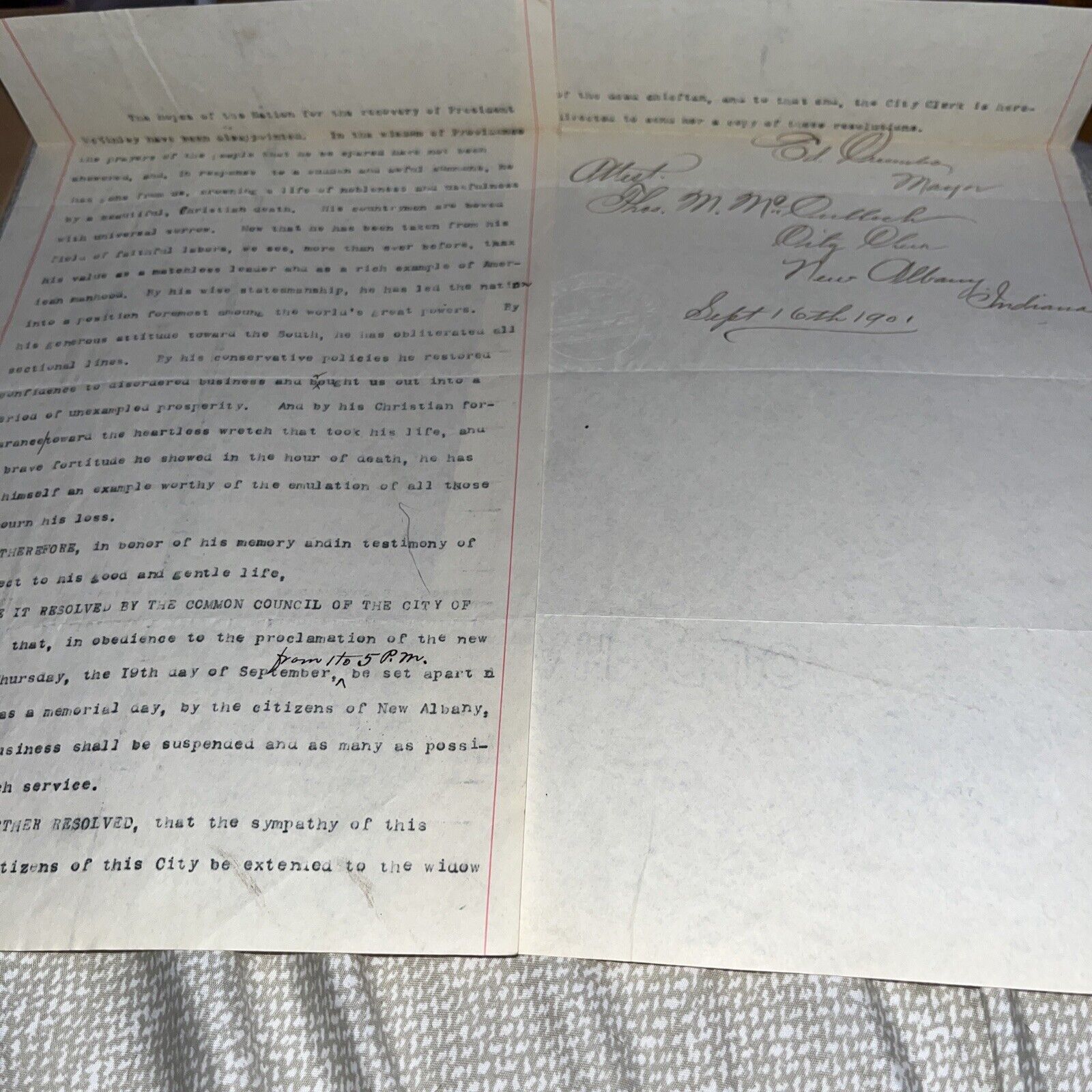 Antique 1901 New Albany IN Mayor Resolution on President McKinley Assassination