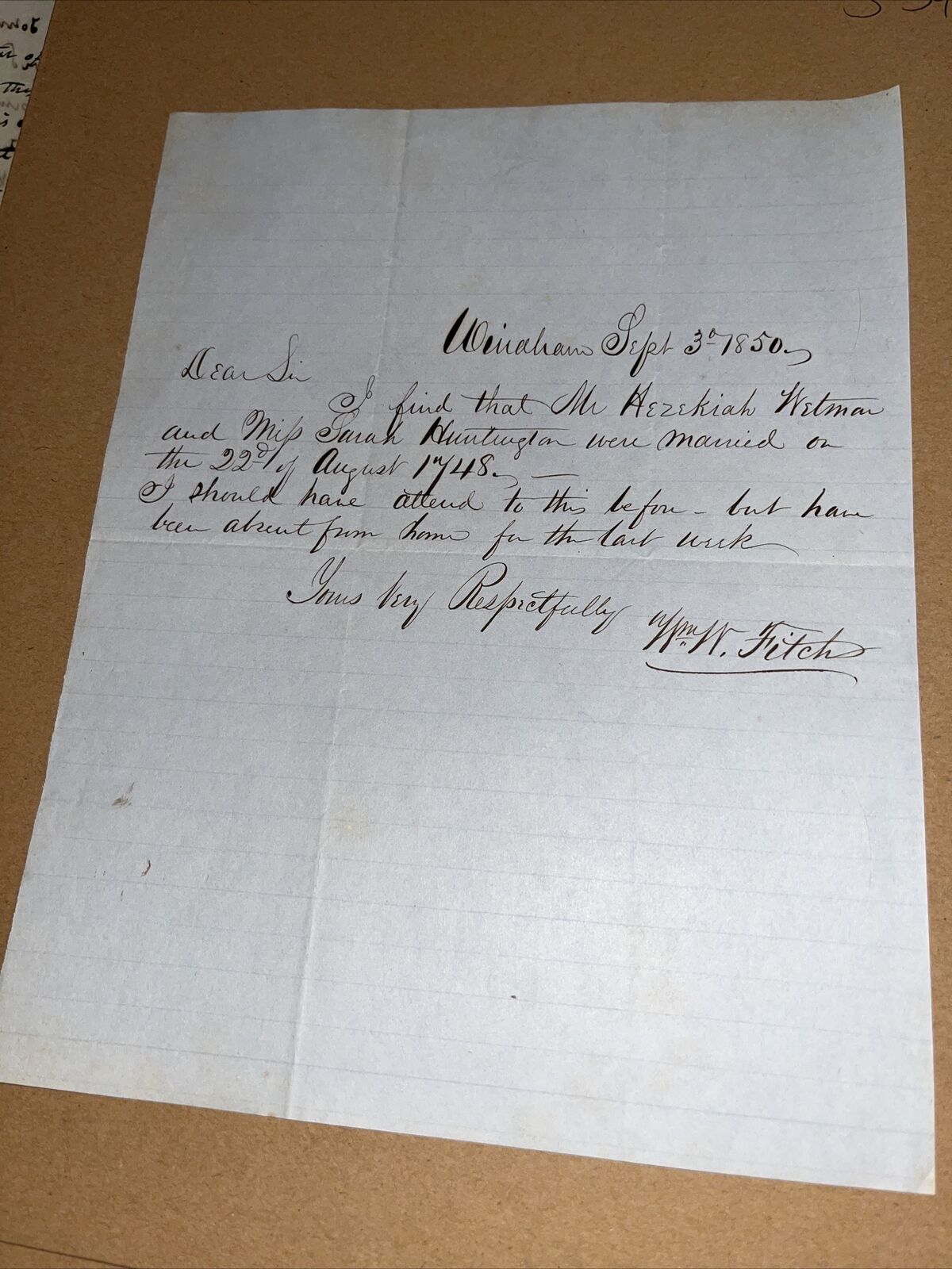 1850 Windham CT Genealogy Letter: Hezekiah Wetman Sarah Huntington Marriage 1748