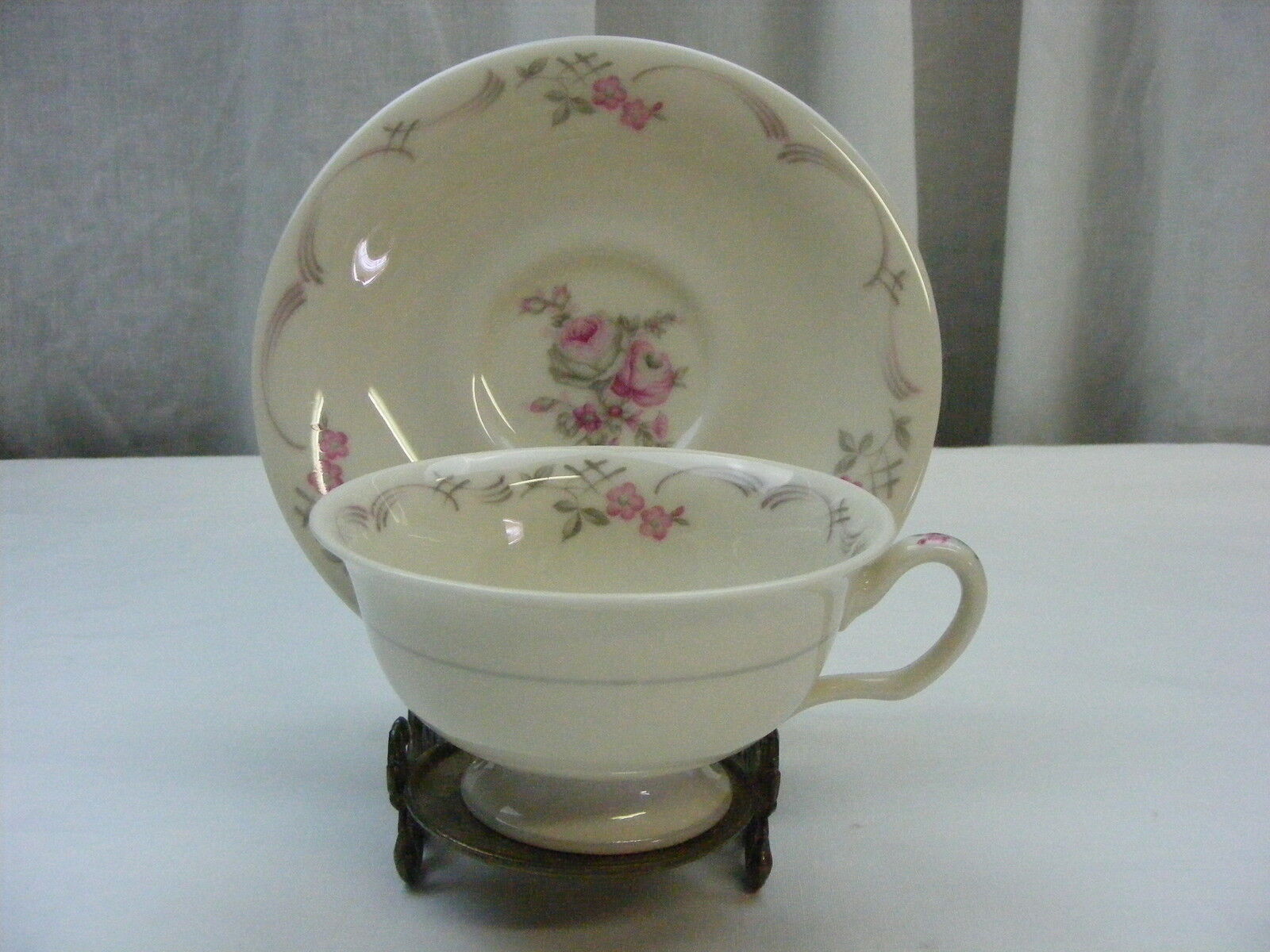 Vintage Cup & Saucer Castleton China Belrose Made in USA Pink and Gray Rose